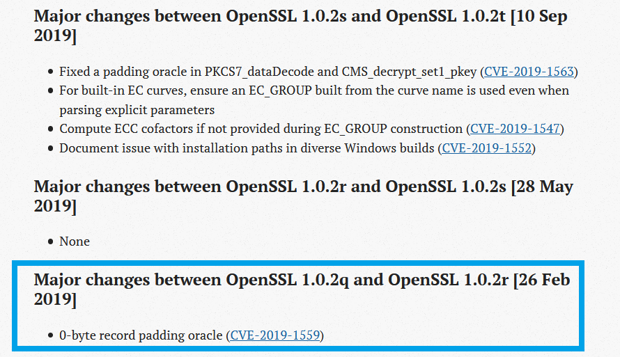 OpenSSL change log 1.0.2r, 1.0.2s, and 1.0.2t
